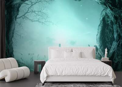 Good Friday concept: Empty tomb with cross on night background Wall mural