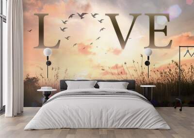 World health day concept: Silhouette many birds flying in shape of heart with text for LOVE Wall mural