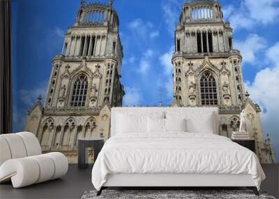 Historical monuments, cathedrals: view of the two towers of Orléans Cathedral, seen from below. Wall mural