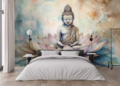 Abstract art of Buddha meditating on a lotus flower. Pastel light colors. Vesak Day concept. Wall mural