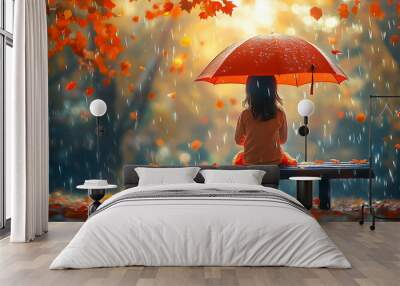 A girl sits under a red umbrella in the rain, surrounded by falling leaves. Wall mural