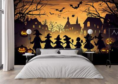 a group of children trick-or-treating on a Halloween adventure. the excitement of children costumed in creepy silhouettes and lighted pumpkins the joy and excitement of Halloween traditions Wall mural