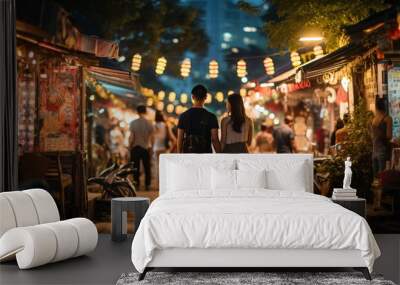 Couple walking in the Night Market with Generative AI  Wall mural