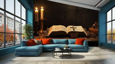 Holy Bible and Cross on Desk Wall mural