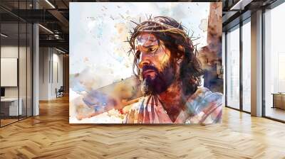 Jesus carries his cross, watercolor style on white background. generative ai Wall mural