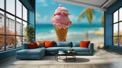 woman hand holding strawberry ice cream on summer time with beach background. with generative ai Wall mural