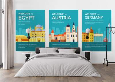 Country of Egypt, Austria, Germany, India, Russia, Thailand, Japan, Italy card set. Travel of the world of flyer, magazines, poster, book cover, banner. Layout infographic template illustration page Wall mural