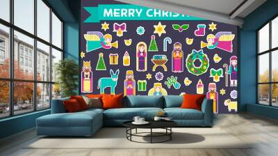 Merry Christmas sticker icons flat set background. Vector birth of Christ illustration background concept. Wall mural