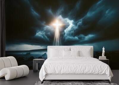 A dramatic of a person standing before a large glowing cross in a dark, stormy landscape Wall mural