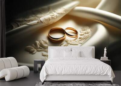 a romantic and elegant of two golden wedding rings lying on a smooth white silk fabric with delicate Wall mural