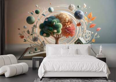 an open book on a flat surface with elements of nature and fantasy popping out of the pages Wall mural