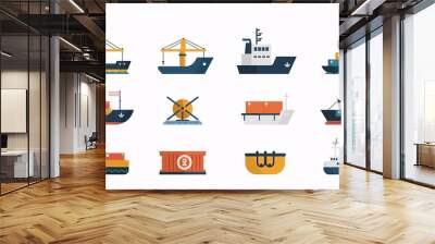 Clean and minimalistic icons of maritime transport, ships, and cargo in bright colors Wall mural