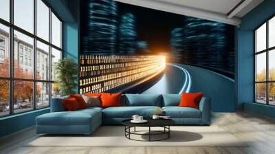 Digital Highway:  A glowing trail of binary code illuminates a winding road leading to a bright future, a concept that symbolizes the rapid pace of technological advancement  Wall mural