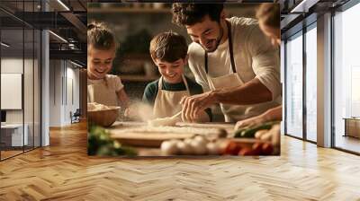 Family Pizza Night: Dad leads the way, teaching his kids the art of pizza making in a warm and inviting kitchen setting, flour in the air and smiles all around. Wall mural