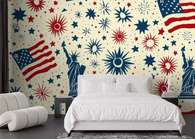 Hand-drawn seamless pattern with American flags, fireworks, and the Statue of Liberty, creating a patriotic and celebratory theme Wall mural