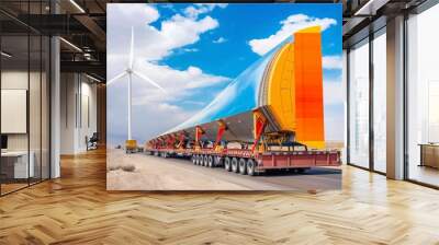 Large wind turbine blade being transported on a long truck against a clear blue sky and a wind turbine in a desert landscape. Wall mural