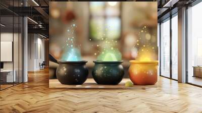 Magical Concoctions Brewing: A trio of cauldrons simmer with enchanting, colorful potions, sparkling and steaming in a rustic alchemist's workshop.  Wall mural