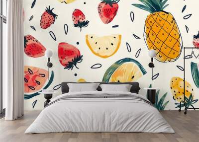 Seamless pattern of hand-drawn summer fruits like watermelons, pineapples, and strawberries, creating a fresh and vibrant design Wall mural