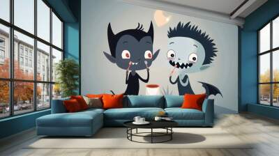 Vampire friends getting ready for Halloween: Two adorable cartoon vampires, one dark and one pale, are getting ready for Halloween, with a spooky-cute illustration style. They're both applying makeup  Wall mural