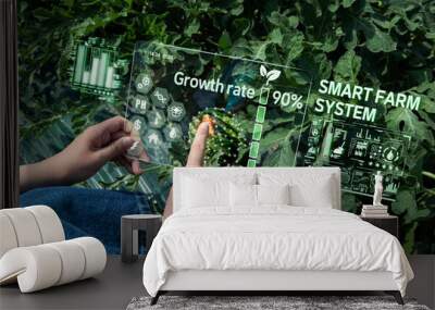 A woman's hand is managing a watermelon in a greenhouse using an augmented reality (AR) device in a smart farm Wall mural