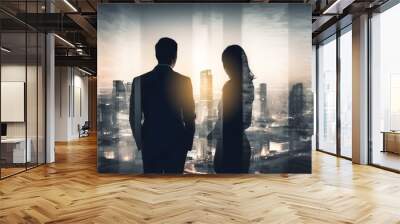 Business man and woman standing back with cityscape in office skyscraper. Generative AI Wall mural