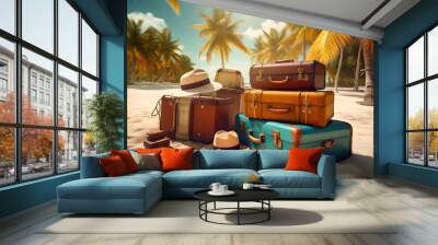 colorful suitcases and one hats on an On the sand of a beach with palm trees, clear blue sky. Generative AI Wall mural