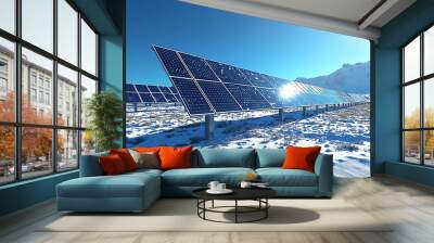 Solar panels glisten under bright sun in snow covered landscape, showcasing renewable energy in winter setting. clear blue sky enhances serene and sustainable scene Wall mural