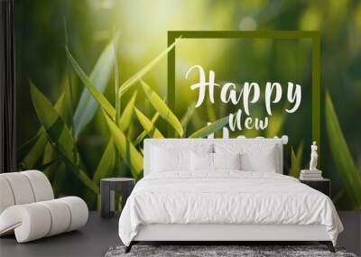 Happy new year on fresh green grass in early morning.Nature eco friendly  background. Wall mural