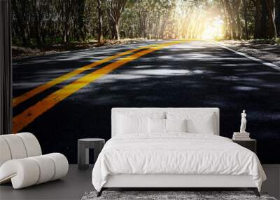 Low angle shot  of empty asphalt road with double yellow lines  through the tree tunnel. Wall mural