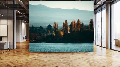 A beautiful landscape with a lake and trees in the background Wall mural