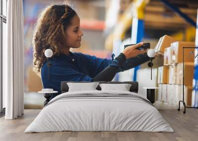 African American woman are work with business distribution inventory in warehouse factory, female people working in safety occupation job for shipping industry manufacturing Wall mural