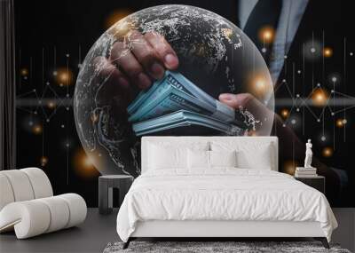 businessman holding money on hand, money economic and marketing concept with world map graphic, global digital finance market trade, stock datum chart success Wall mural