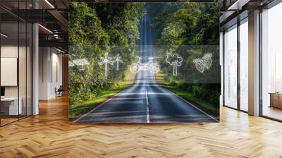 eco environment and nature concept, nature road to tropical forest green field countryside, with icon of ecological renewable energy and eco-friendly lifestyle Wall mural