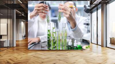 eco skin care beauty products in laboratory development concept, Natural drug research with organic plants and scientific extraction in glassware, Alternative green herb medicine for body health care Wall mural