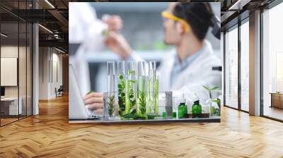 eco skin care beauty products in laboratory development concept, Natural drug research with organic plants and scientific extraction in glassware, Alternative green herb medicine for body health care Wall mural