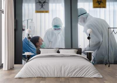 Infected patient in quarantine lying in bed in hospital, coronavirus COVID-19 concept Wall mural