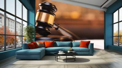 law and authority lawyer concept, judgment gavel hammer in court courtroom for crime judgement legislation and judicial decision, judge having justice of punishment guilt and criminal verdict legal Wall mural