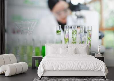 plant in medical pharmacy science research at chemical medicine laboratory for pharmaceutical industry, chemistry development scientist using equipment for health technology experiment or biology drug Wall mural