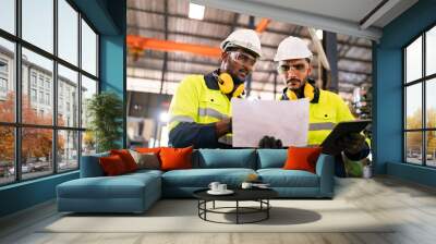 professional business industry technician wearing safety helmet working to maintenance service and checking factory equipment, a work of engineer occupation in manufacturing construction technology Wall mural