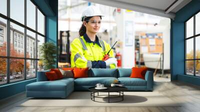 professional business industry technician wearing safety helmet working to maintenance service and checking factory equipment, a work of engineer occupation in manufacturing construction technology Wall mural