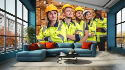 professional carpenter business team in carpenter's shop industry warehouse, factory technician engineer teamwork of craftsman on background of wood construction workshop and furniture tool equipment Wall mural