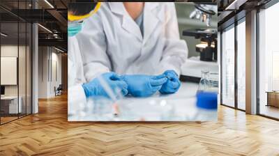 professional health care researchers working in life of medical science laboratory, technology of medicine chemistry lap experiment test for hospital, scientific specialist of chemist pharmacy Wall mural