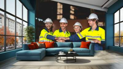 Professional industry engineer and factory foreman worker team person Wearing safety helmet hard hat, Technician people teamwork in work site of business construction and manufacturing technology job Wall mural