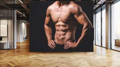 strong athlete caucasian man person exercising in the sport gym, workout exercise training in modern fitness studio for body muscle to fit and slim, heavy bodybuilding and healthy lifestyle people Wall mural