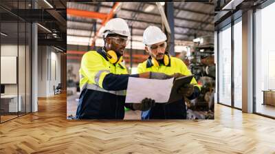 Technical engineer workers working in control room plant at industry factory to service maintenance on engineering machine, production technician occupation in global industrial business concept Wall mural