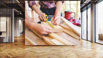 wooden carpenter craft man team with work tool for wood workshop business, carpentry craftsman Wall mural