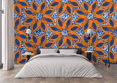 African wax print pattern. seamless beautiful Kitenge, chitenge, dutch wax, and Angara style. geometric shapes fashion design in colorful. orange botanical flower on blue background. African Wax Print Wall mural