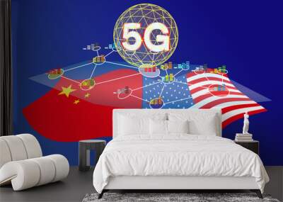 Conflict war 5G digital network between the United States and China.with Flag of the United States and China on a blue background.vector illustration Wall mural