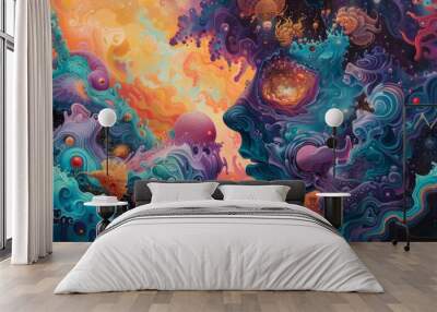 A vibrant psychedelic portrait filled with intricate patterns and rich colors evoking a sense of deep spiritual and visionary experience Wall mural