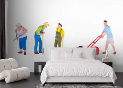 Close up of Miniature gardener people isolate on white background Wall mural